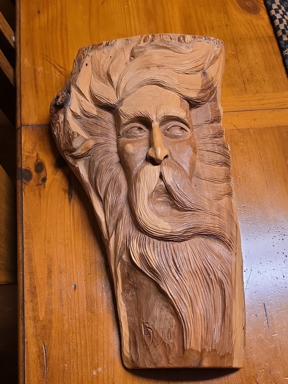 Hand-Carved Wooden Wall/Tree Art - Bearded Face in Natural Brown